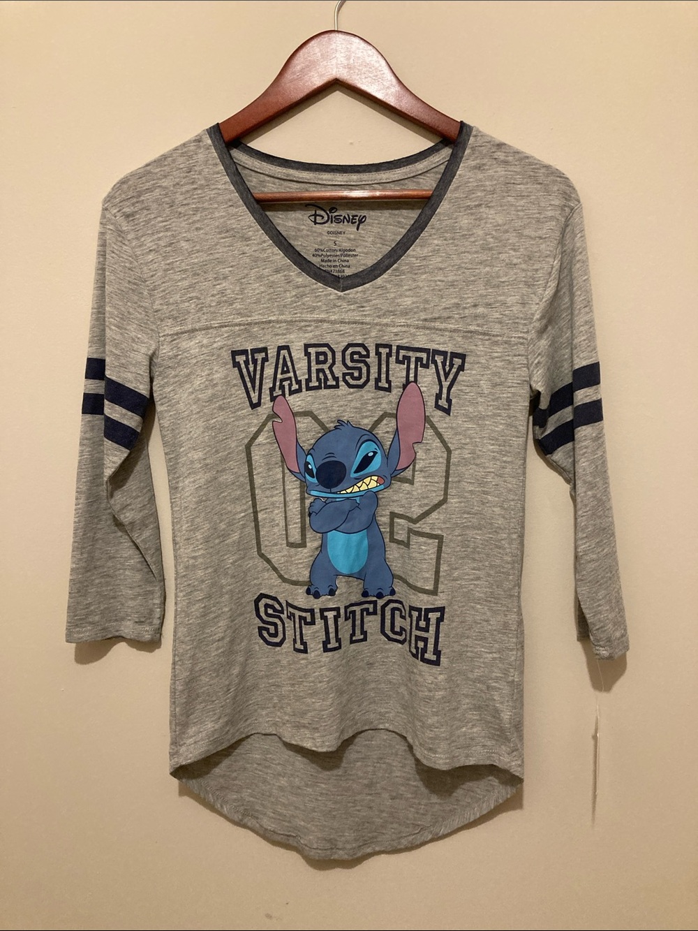 Disney Gray Long-Sleeve Varsity Stitch Tee with Navy Accents NWT Sz S
